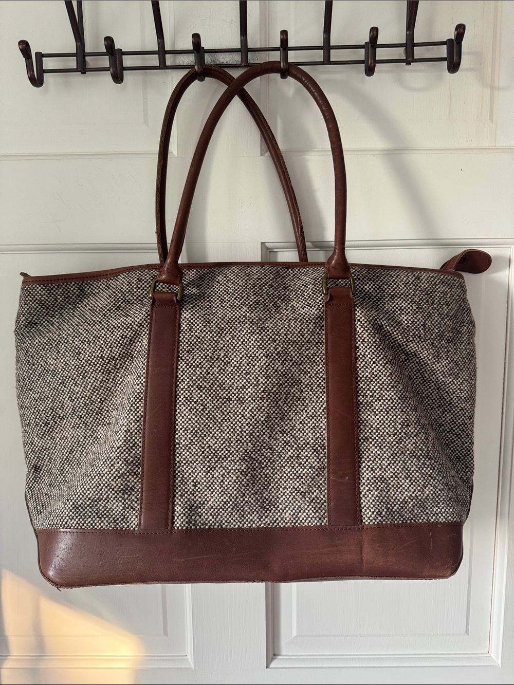 Vintage L.L. Bean Tan Tweed Tote with Brown Leather Trim and Handles